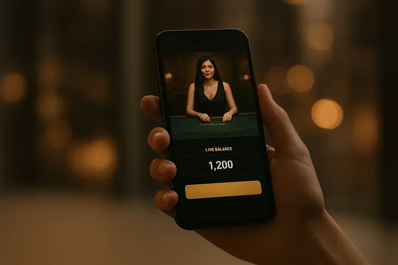 Hand holding smartphone showing dark casino app with live dealer preview