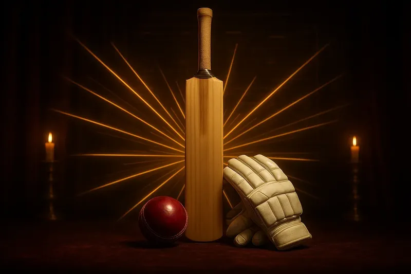 Cricket Betting Gear Close-up cricket equipment with neon speed lines and holographic betting interface
