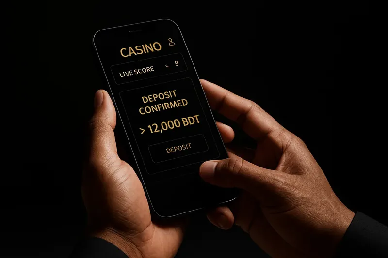Man typing on smartphone casino app with taka deposit confirmation