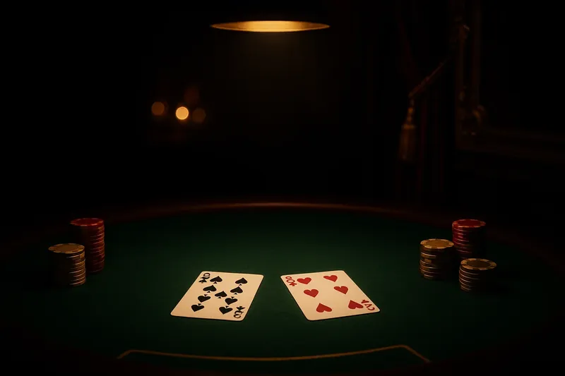 Face-up baccarat cards and chip stacks on green felt table